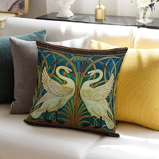 TWO WHITE SWANS AMONG REEDS IN BLUE Art Nouveau Animals Soft Washable Throw Pillow