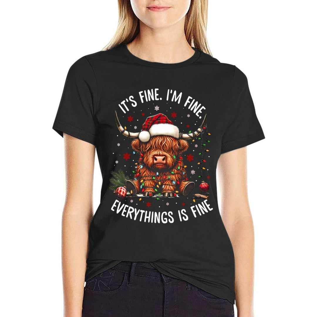 Christmas Highland Cow Its Fine Im Fine Everything Is Fine  Rolled Sleeves T-Shirt