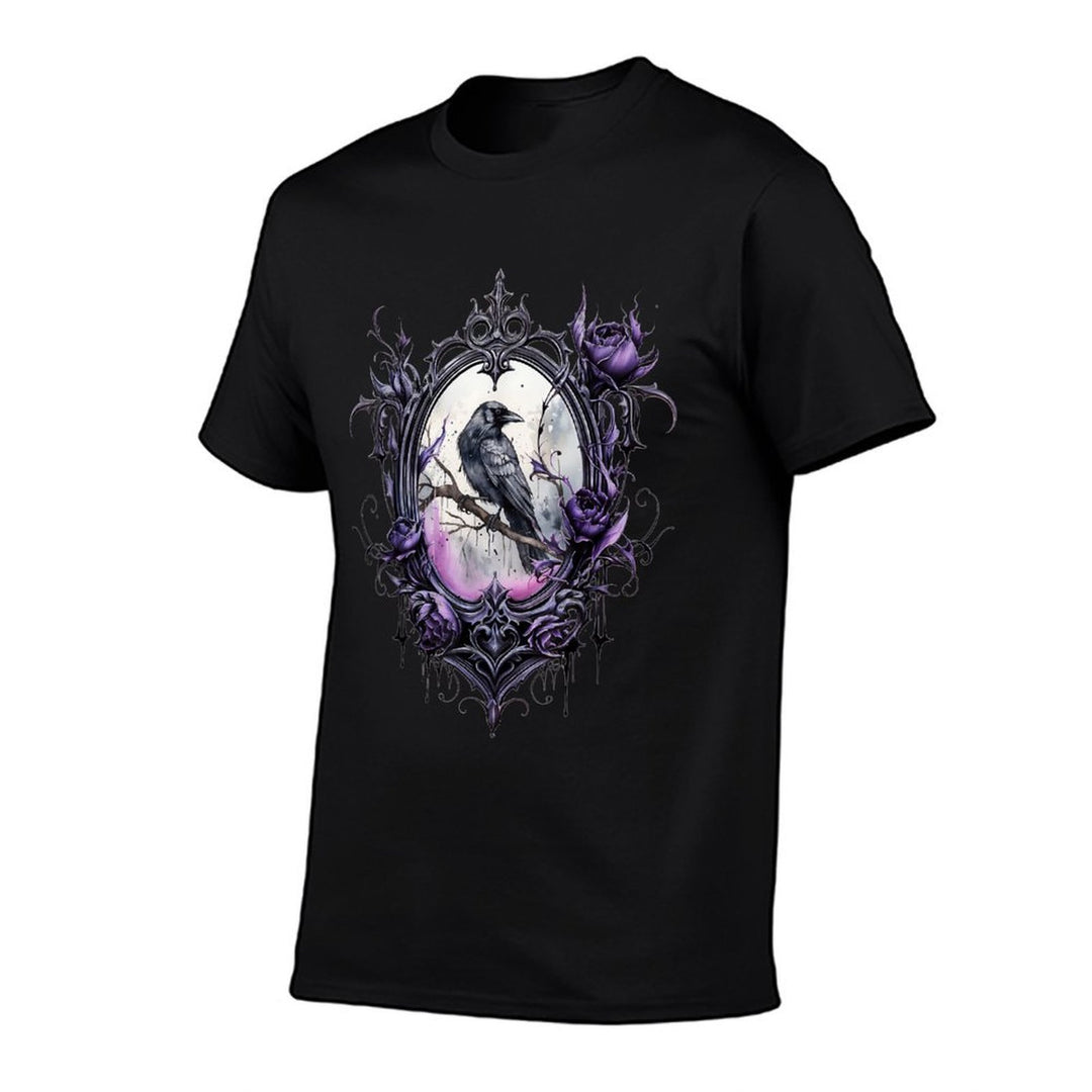 Gothic Halloween Raven Rose Purple Majestic Bird  Rolled Sleeves T-Shirt