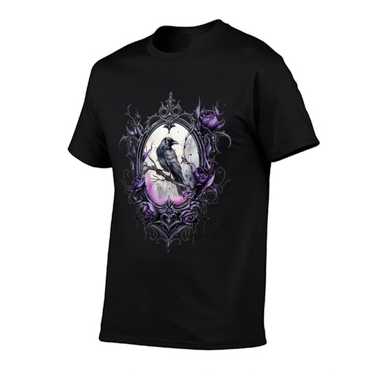 Gothic Halloween Raven Rose Purple Majestic Bird  Rolled Sleeves T-Shirt