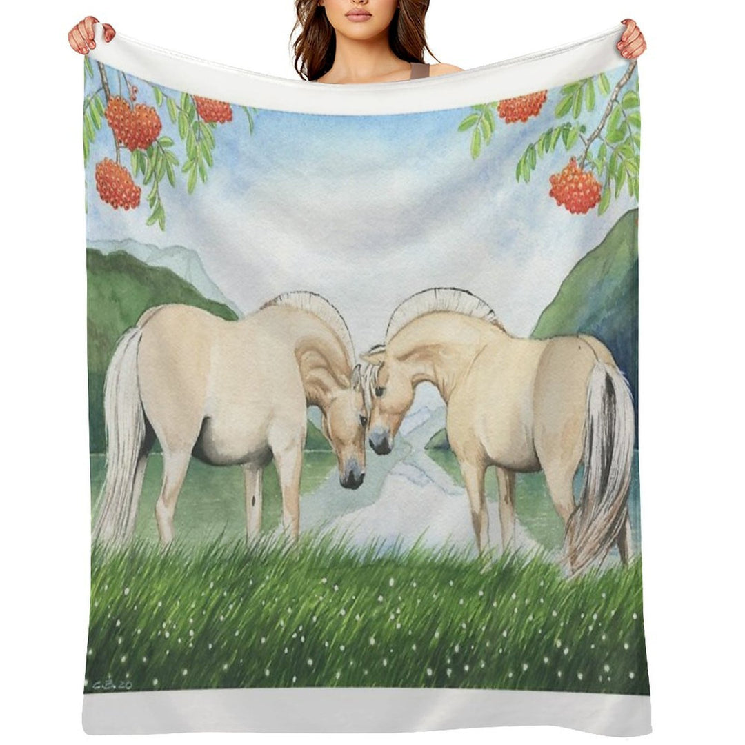 Norwegian Horses in A Fjord Landscape Plush Throw Blanket