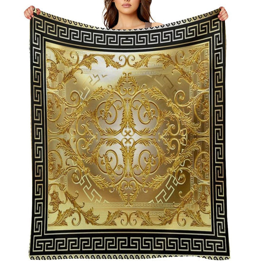 Ornate Baroque Gold Black Greek Keys Meander Eco-conscious Throw Blanket