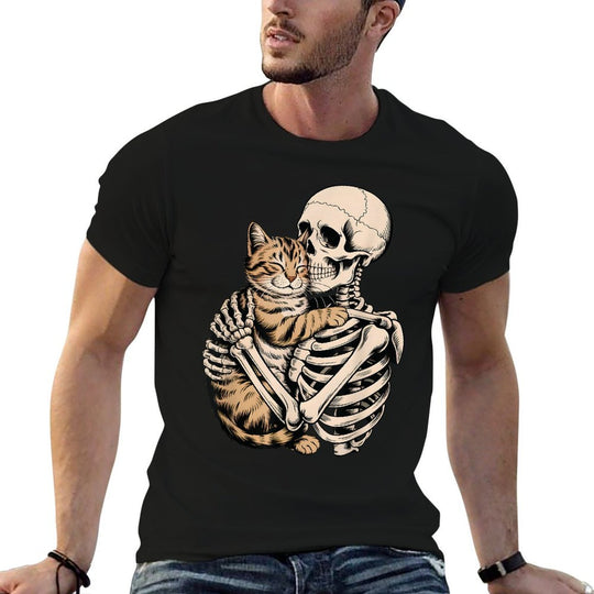 Skeleton Hugging Cat Halloween Funny Cat Lover Cat Mom Dad  Stretchy T-Shirt