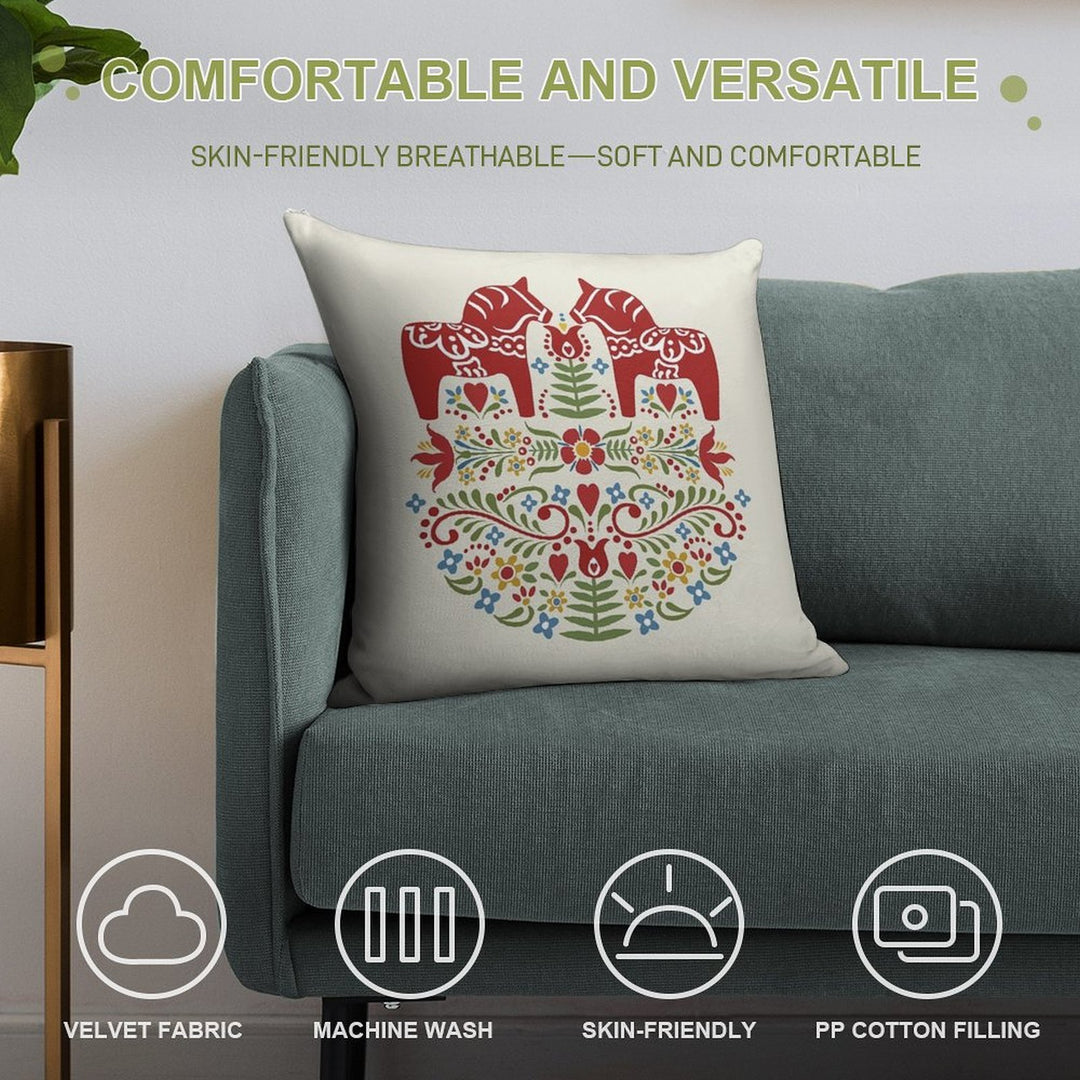 Scandinavian Dala Horse, Swedish Folk Art Soft Multiple Sizes Throw Pillow