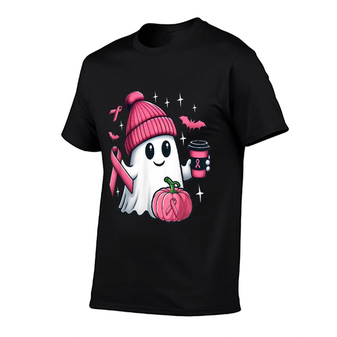 Cute Ghost Drinking Coffee Halloween Breast Cancer Awareness  Lightweight T-Shirt