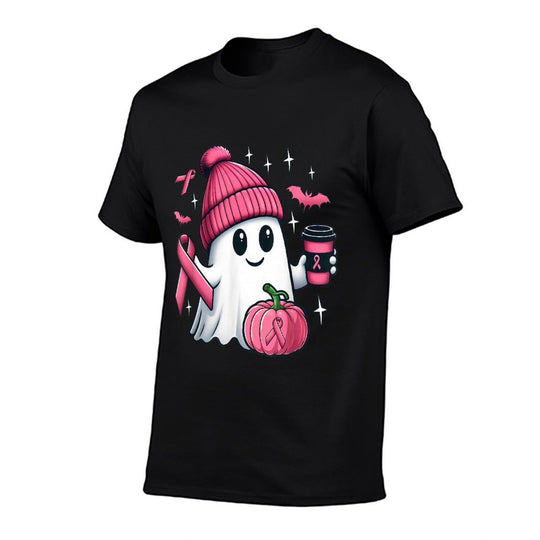 Cute Ghost Drinking Coffee Halloween Breast Cancer Awareness  Lightweight T-Shirt