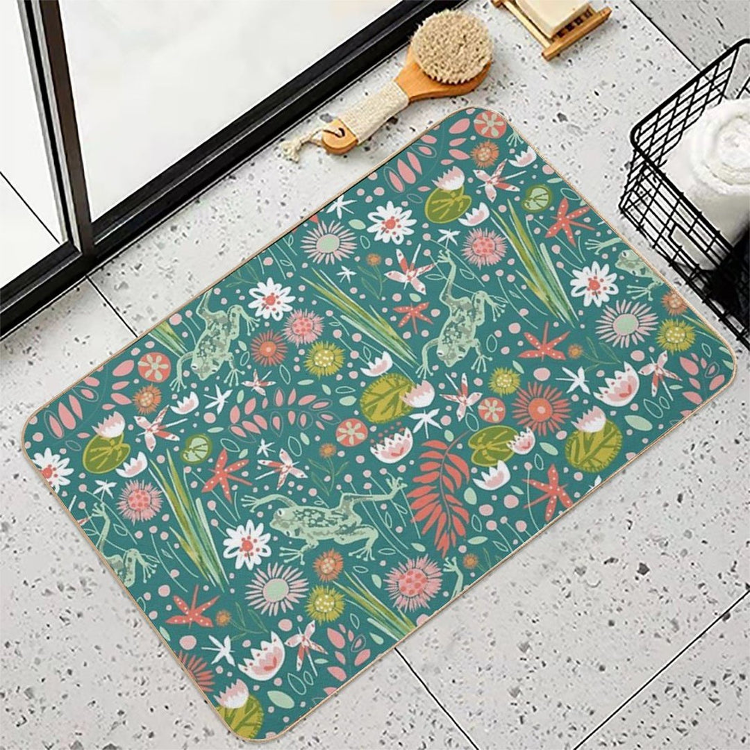 Frog And Dragonfly Floral Design  Easy To Clean Bath Mat