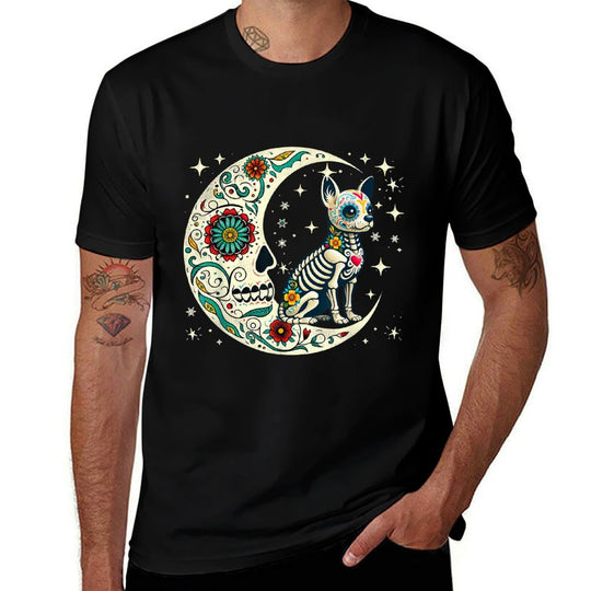 Dia De Los Muertos Halloween Moon Floral Skeleton Chihuahua  Soft T-Shirt