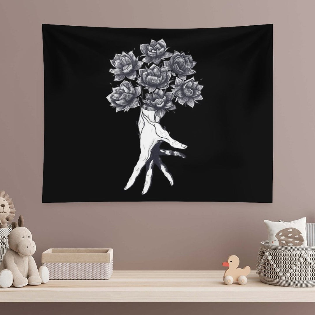 Hand with Lotuses on Black Tapestry