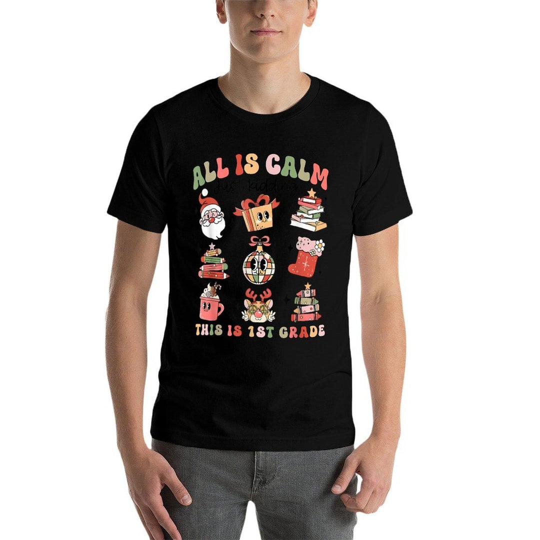 Retro First Grade Teacher Christmas All Is Calm Disco Ball  Rolled Sleeves T-Shirt
