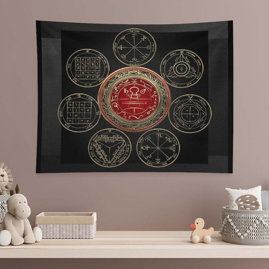 Gold Seal of Solomon over Seven Pentacles of Saturn on Black Canvas Tapestry