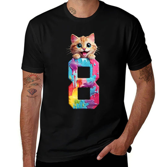 CATS 8 YEARS CAT 8TH BIRTHDAY Men Women Kids  Rolled Sleeves T-Shirt