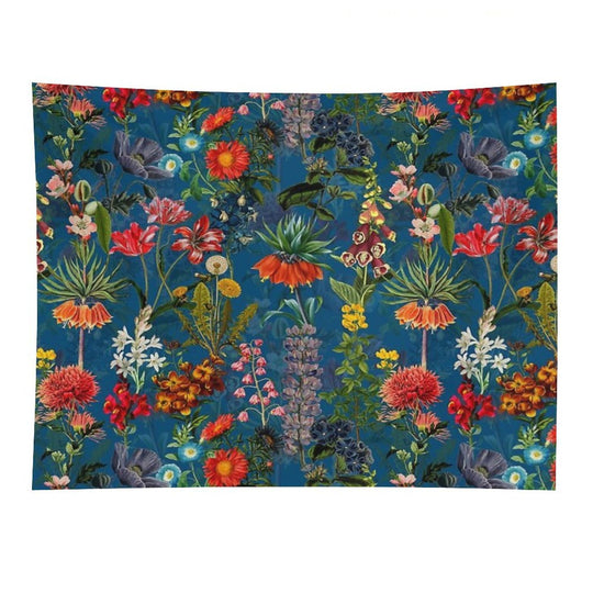 Vintage Blue Springflower Meadow Botanical Night Garden Tapestry