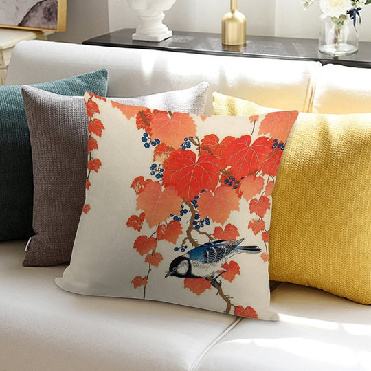 Vintage Japanese Jay And Autumn Grapevine Soft Anti-Pilling Throw Pillow
