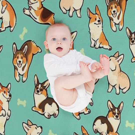 Jolly Corgis in Green Wrinkle-free Throw Blanket