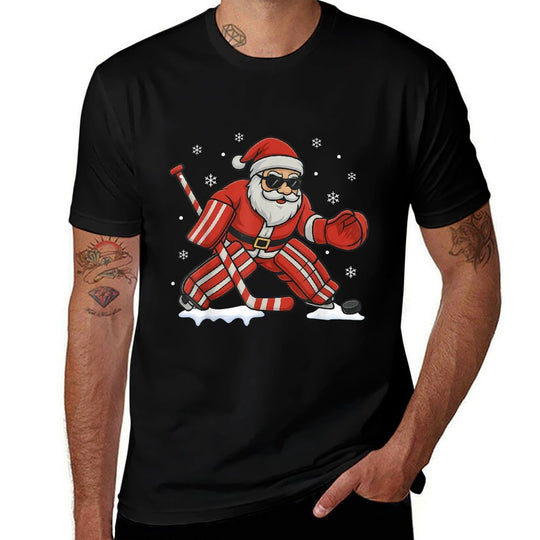 Santa Playing Ice Hockey Goalie Christmas  Tagless Design T-Shirt