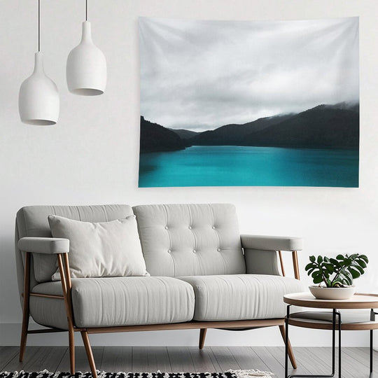 The Waters And The Wild  Vintage Retro Glowing Wilderness Mountain Lake With Cascadia Trees Covered In Fog Tapestry