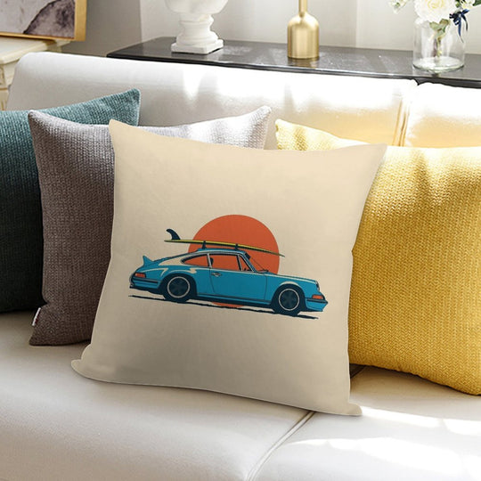 Vintage Blue Porsche 911 964 RS Summer Surfs Up Illustration Soft Durable Construction Throw Pillow