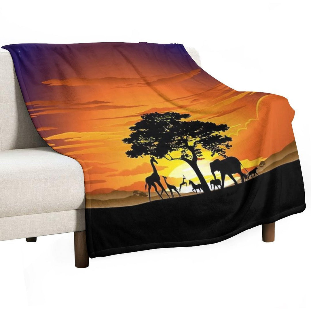 Wild Animals on African Savanna Sunset Velvety-soft Throw Blanket