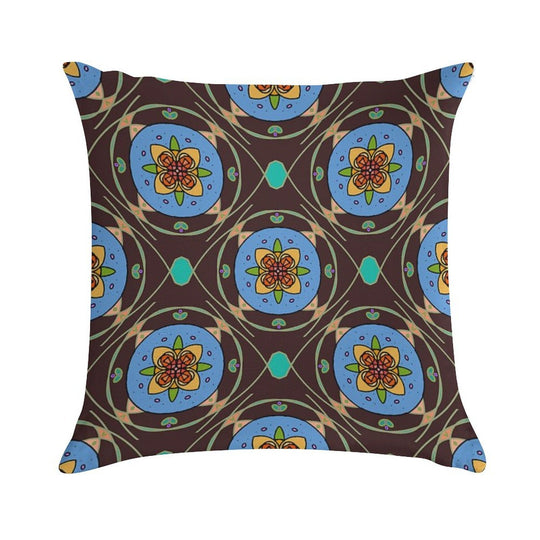 Grannie’s Tile (Bold Folk Art Floral Mandala Pattern, Retro Stained Glass Style) Soft Decorative Cover Throw Pillow