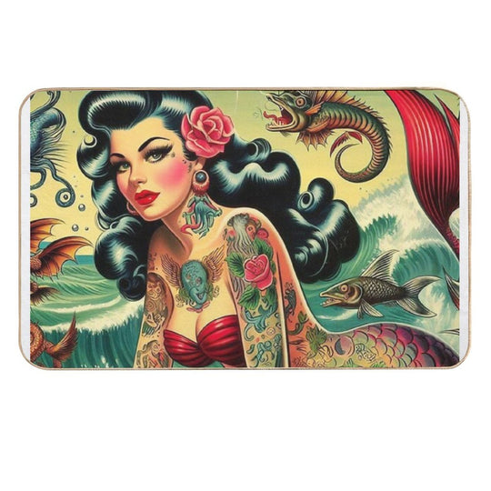 Retro Tattooed Mermaid  Multi-Purpose Bath Mat