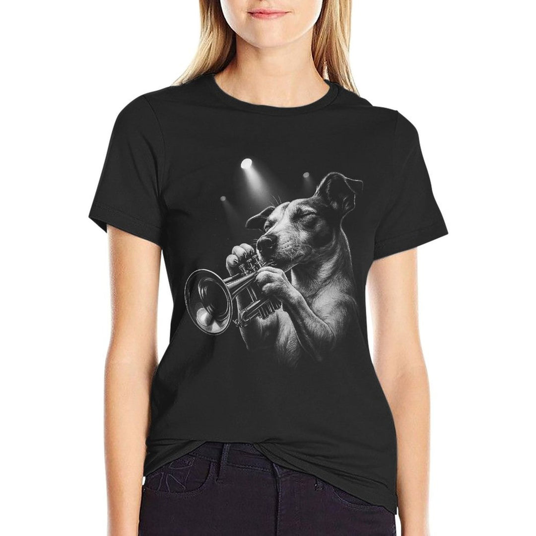 Womens Jack Russell Terrier Playing Trumpet Jazz Music Dog Lover  Graphic-printed T-Shirt
