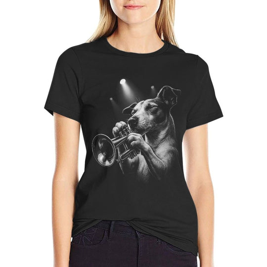 Womens Jack Russell Terrier Playing Trumpet Jazz Music Dog Lover  Graphic-printed T-Shirt