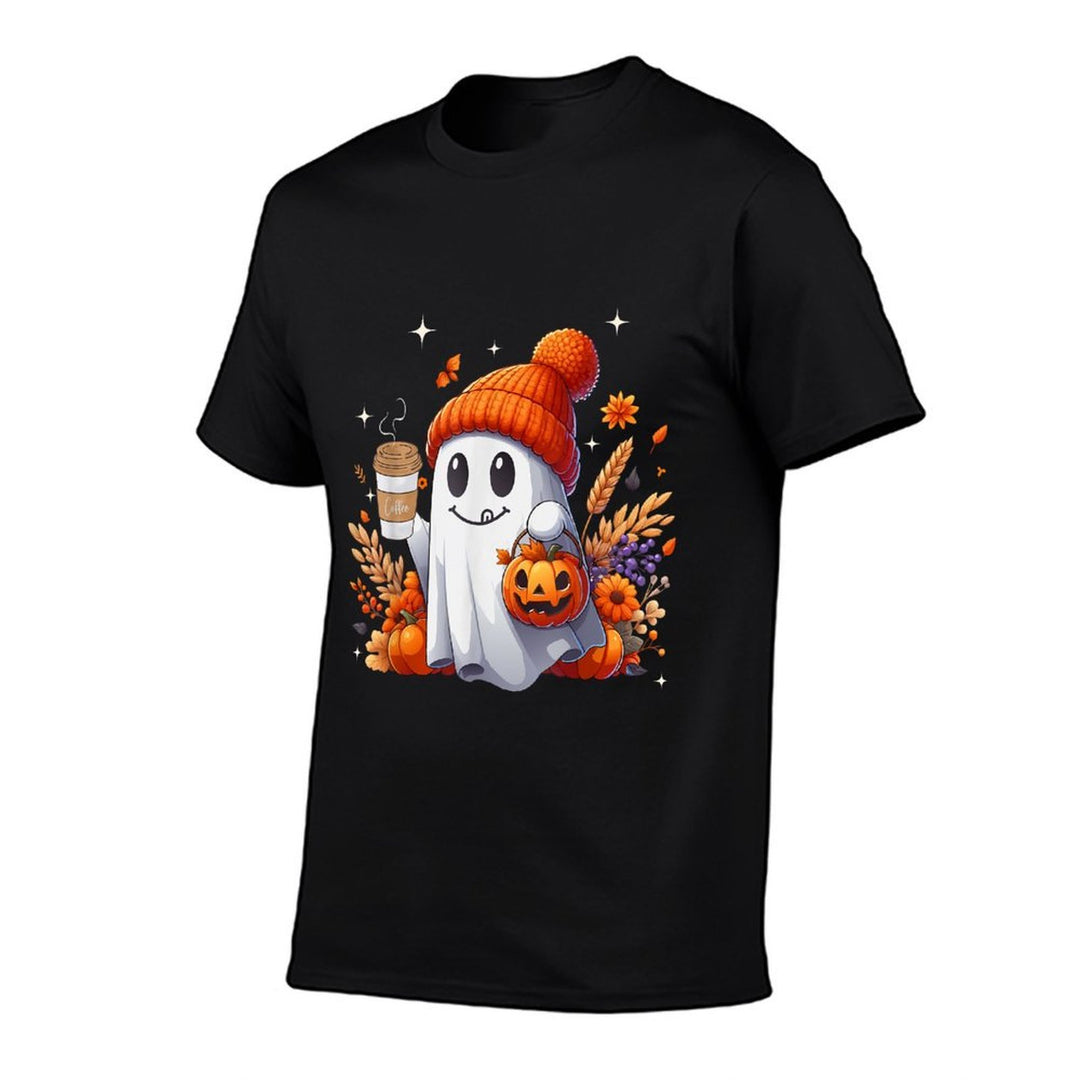 Men Women Autumn Cute Ghost Drinking Coffee Spooky Halloween  Moisture-wicking T-Shirt