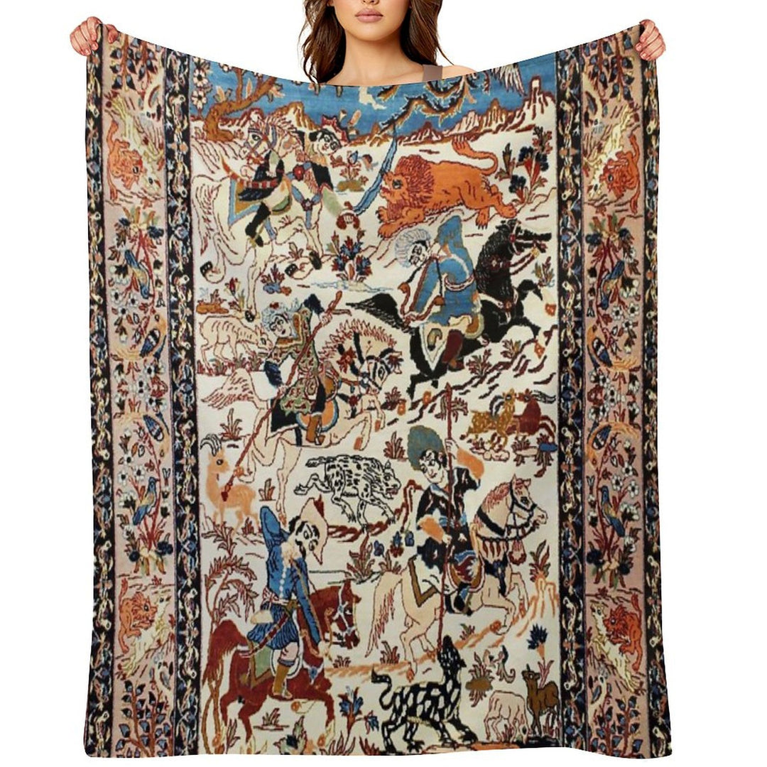 Blue Antique Persian Isfahan Silk Rug with Flowers Animals Print Anti-pilling Throw Blanket