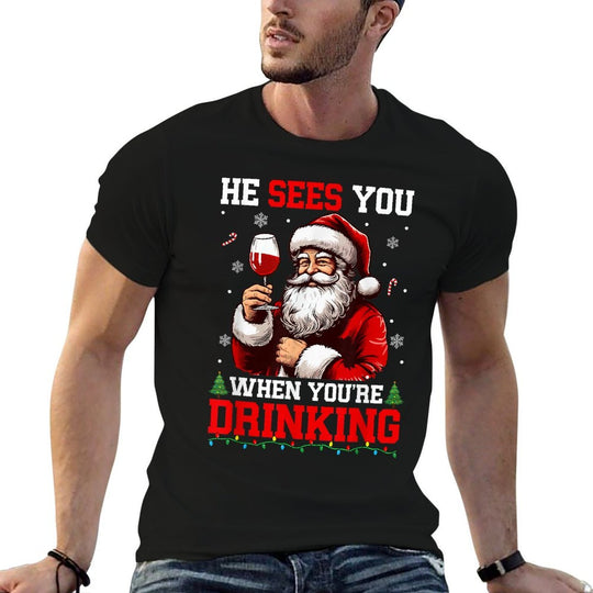 He Sees When Youre Drinking Christmas Santa Drinking Wine  Polyester Blend T-Shirt