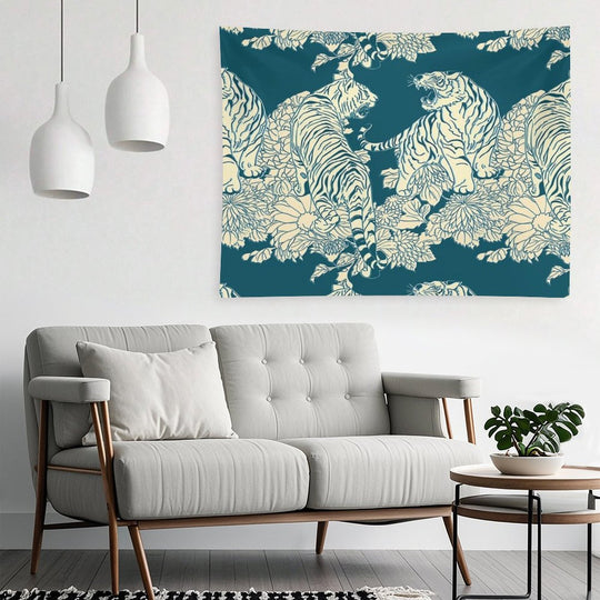 Teal And Cream Tigers And Flowers Tapestry