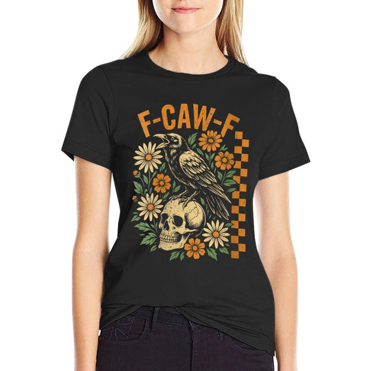 Womens Retro Black Crow F-Caw-F Black Bird Skull Floral Halloween  Graphic-printed T-Shirt