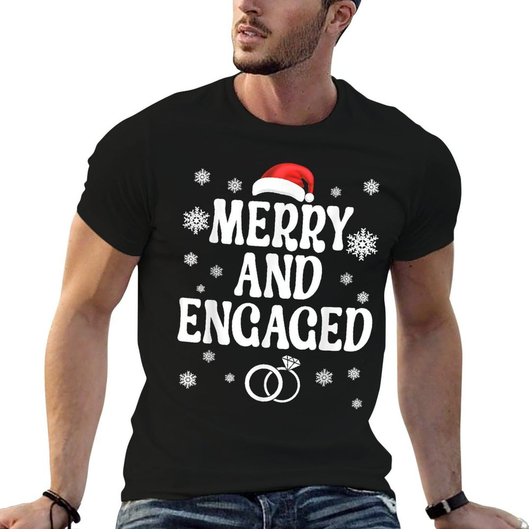 Merry And Engaged Couple Christmas Matching Pajama PJ Comfortable T-Shirt
