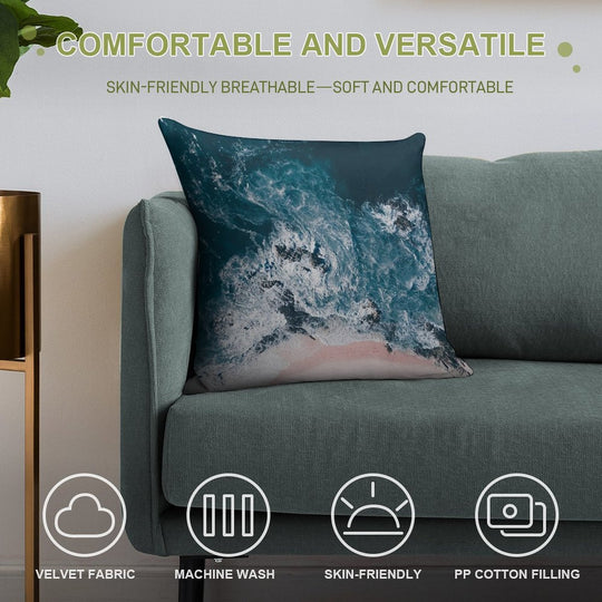 Aerial Beach Print - Aerial Ocean Photo - Words - Pink Sand - Sea Travel Photography by Ingrid Beddoes Soft Short Plush Fabric Throw Pillow