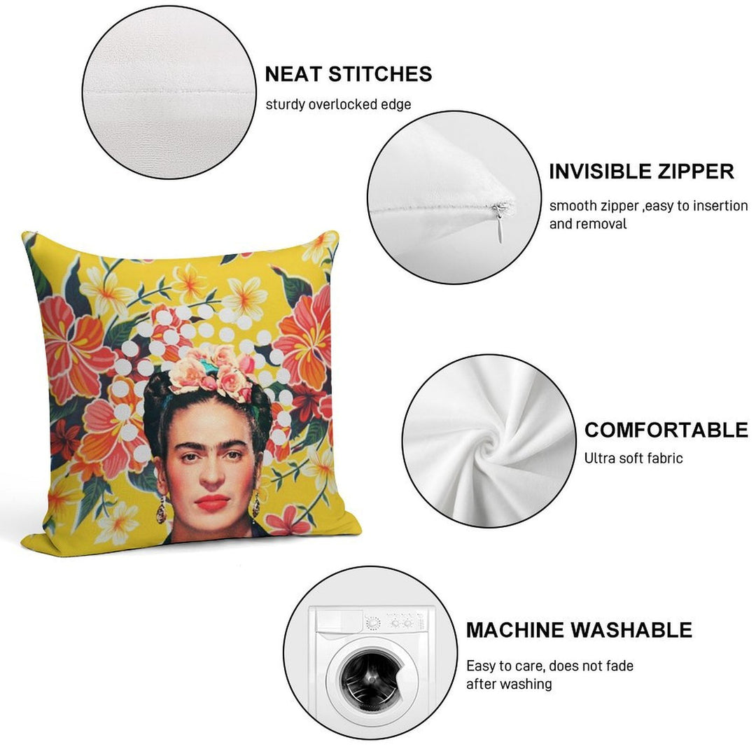 Frida Kahlo Print, Flowers, Color on Ocher Mexican Tablecloth Soft Bedroom Essential Throw Pillow