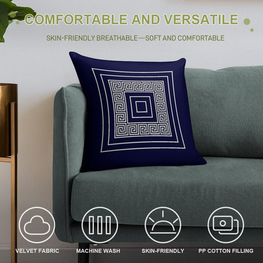 Navy Blue Greek Key Meander Framed Squares Soft Hidden Zipper Throw Pillow