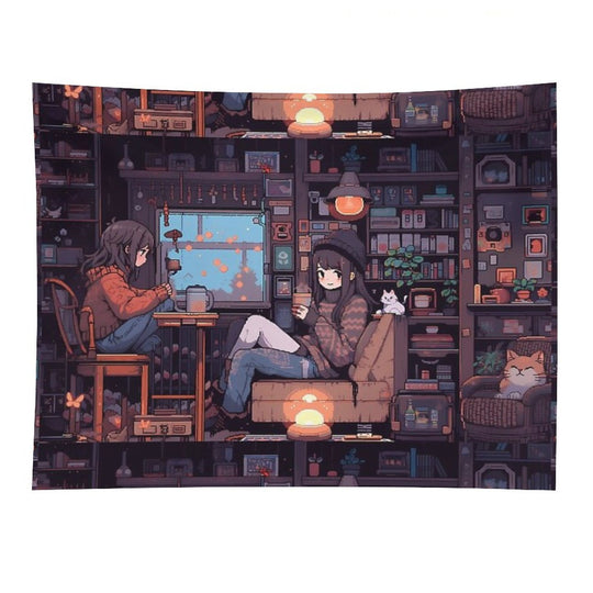 Anime Girls, Pixel Art- Cozy Tapestry