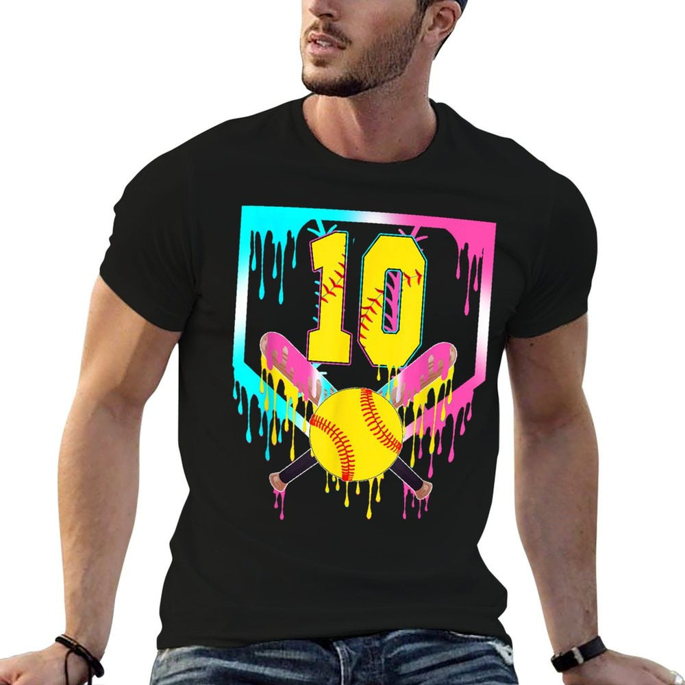 10th Bday Softball Home Plate Drip Ice Cream 10 Year Old  Ribbed Collar T-Shirt