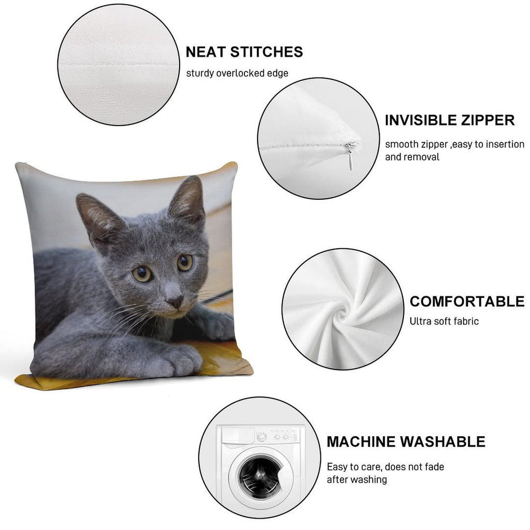 Russian Blue Cat - Cute Kitten Photo Soft Shrink-Resistant Throw Pillow