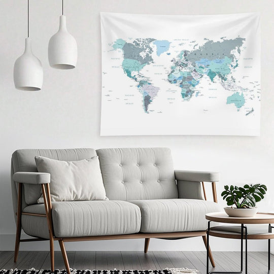 Map of The World in Shades of Teal Tapestry
