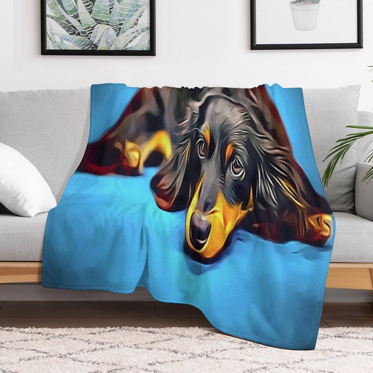 Sleepy Long Haired Brown Dachshund Plush Throw Blanket