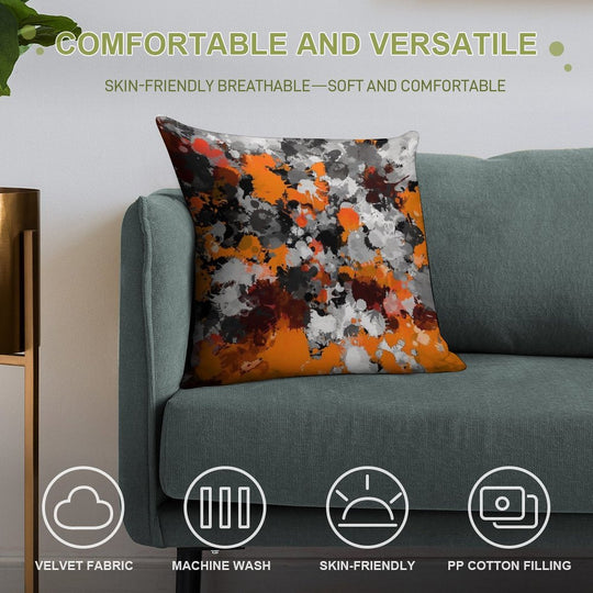 Orange And Grey Paint Splatter Soft Hidden Zipper Throw Pillow