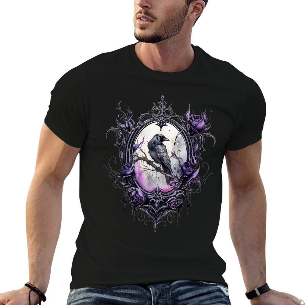 Gothic Halloween Raven Rose Purple Majestic Bird  Rolled Sleeves T-Shirt