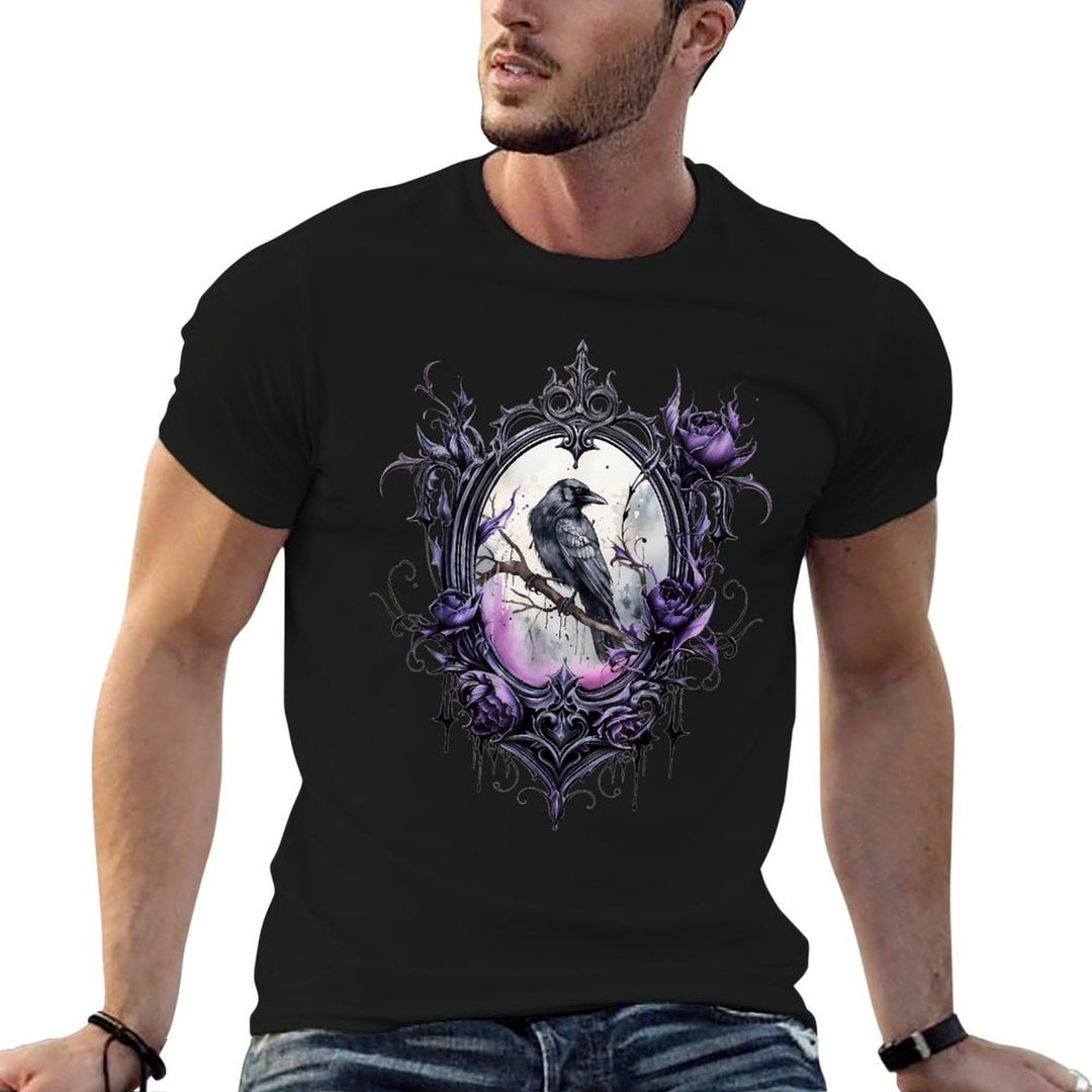 Gothic Halloween Raven Rose Purple Majestic Bird  Rolled Sleeves T-Shirt