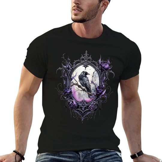 Gothic Halloween Raven Rose Purple Majestic Bird  Rolled Sleeves T-Shirt