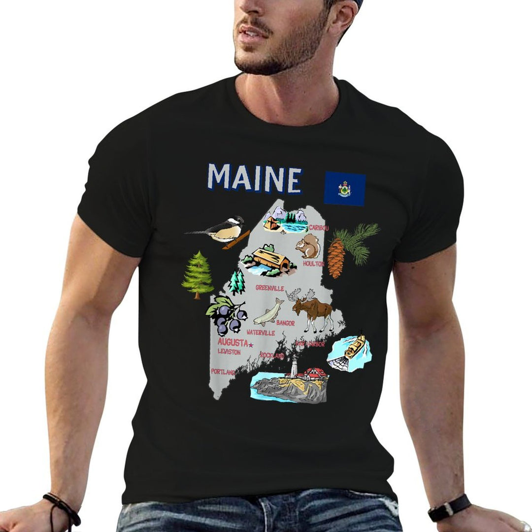 Map of Maine State, Landmarks, Major Cities, Flag, USA  Fade-proof Color T-Shirt