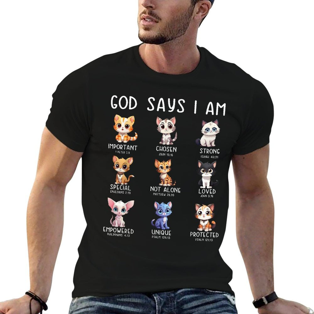 Cute Cats God Say I Am Christian Bible Verse  Fade-proof Color T-Shirt