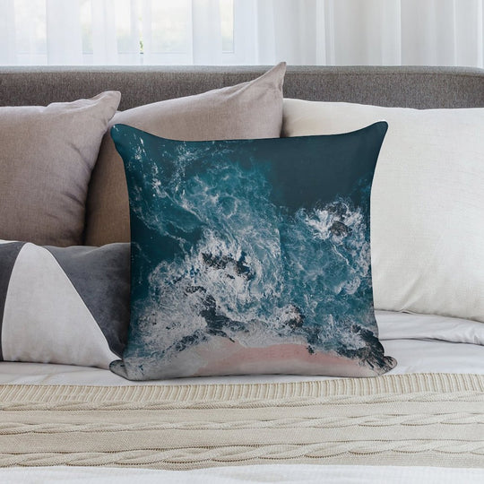 Aerial Beach Print - Aerial Ocean Photo - Words - Pink Sand - Sea Travel Photography by Ingrid Beddoes Soft Short Plush Fabric Throw Pillow