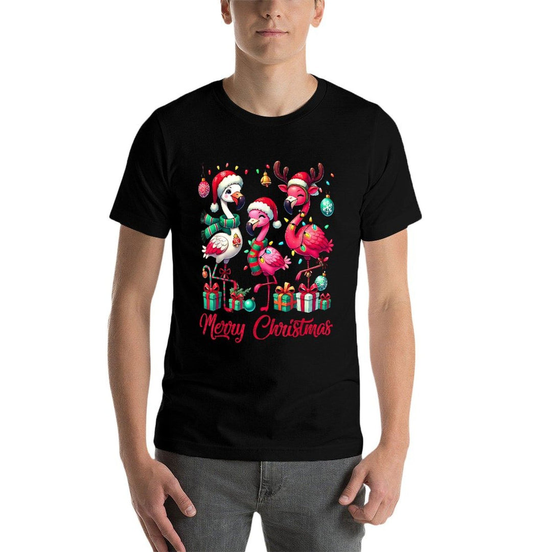 Merry Christmas Lights Flamingo Santa Hat Snow Xmas Pajamas  Moisture-wicking T-Shirt