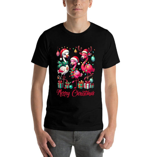 Merry Christmas Lights Flamingo Santa Hat Snow Xmas Pajamas  Moisture-wicking T-Shirt